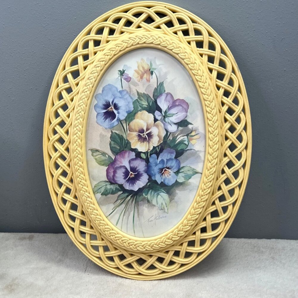 Vintage Homco Wicker Rattan Oval Frame Pansy Print Off White Plastic Lattice